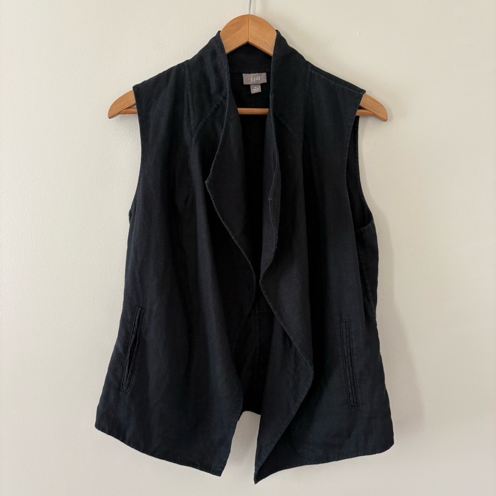 J.Jill 100% Linen sleeveless draped open-front vest black lagenlook pockets M - Picture 2 of 11
